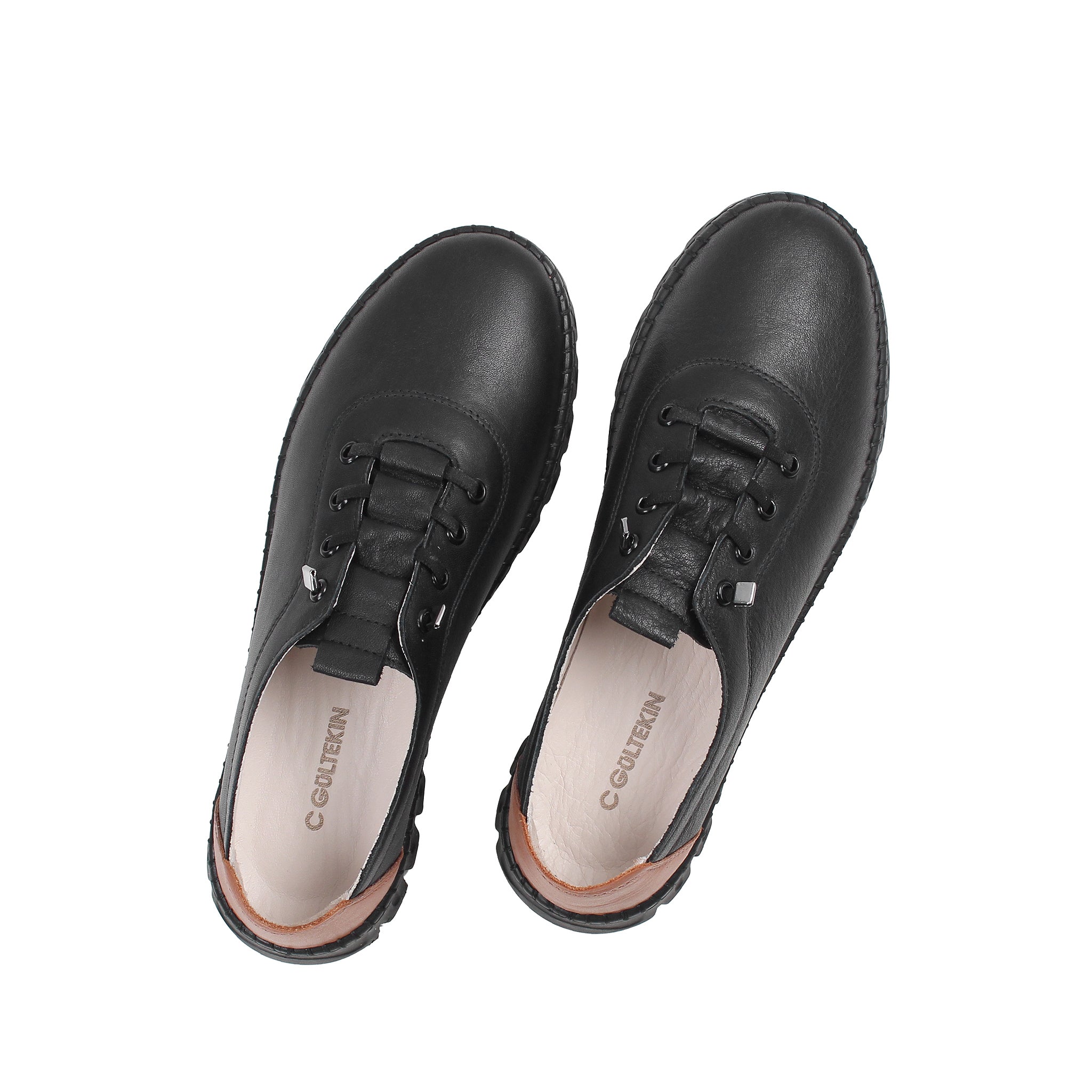 Damen Slipper Schwarz aus Leder mit brauner Ferse (664-25916)