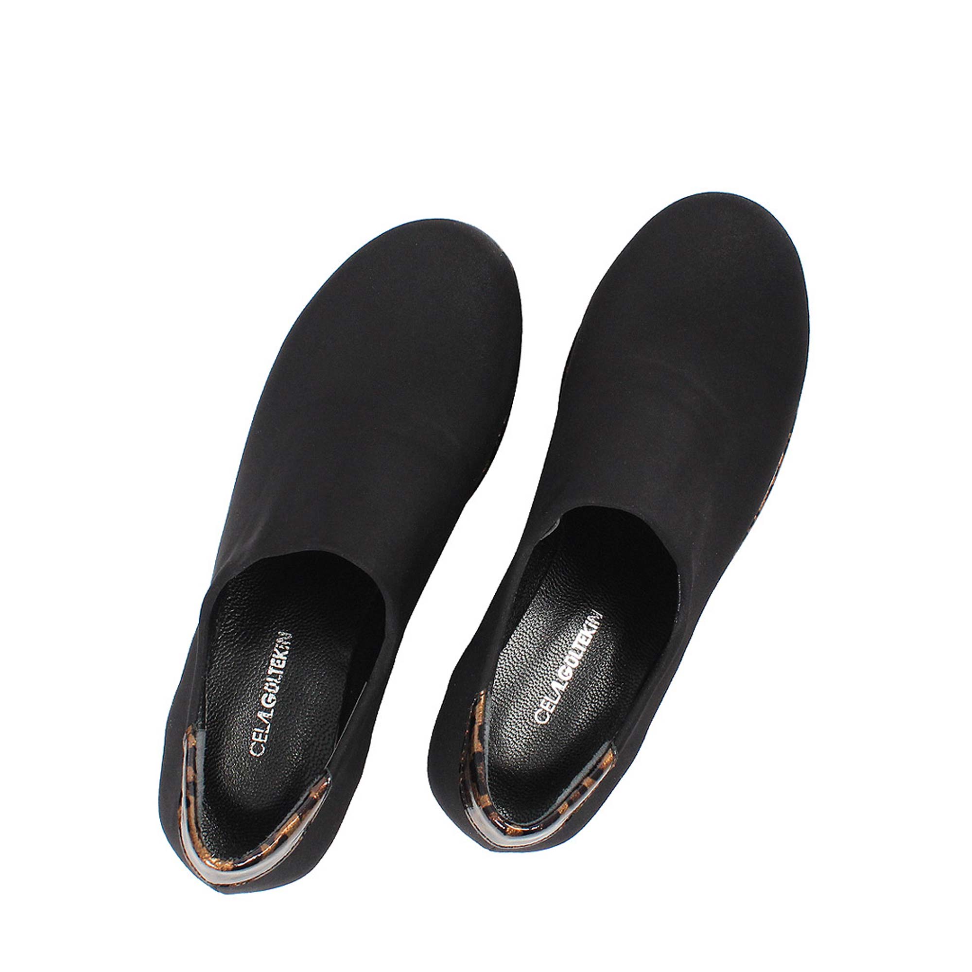 Damen Plateau-Slipper – Schwarz mit braunem Leo-Muster (317-401)