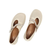 Women's Beige Leather Flat Shoes with Side Buckle and Comfort Sole (726-28427)