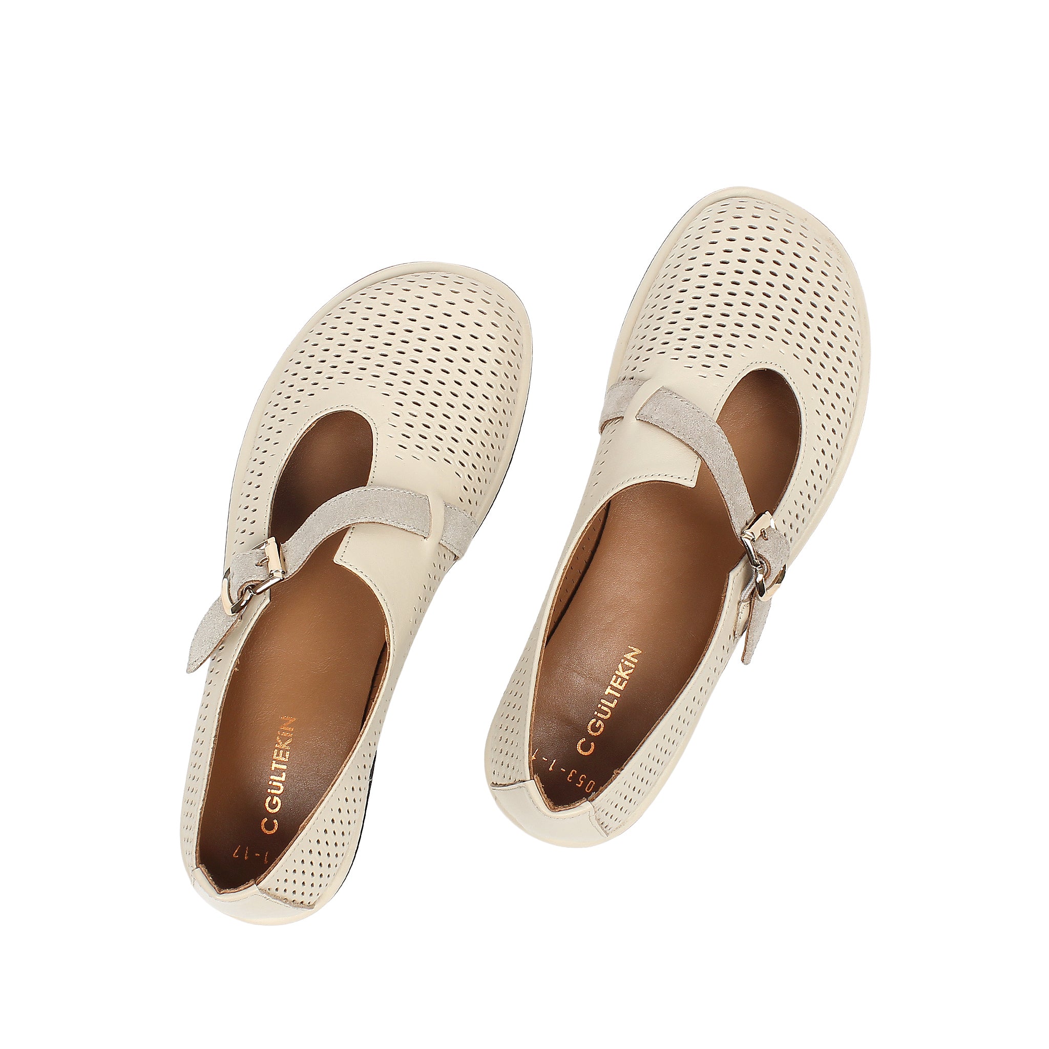 Women's Beige Leather Flat Shoes with Side Buckle and Comfort Sole (726-28427)