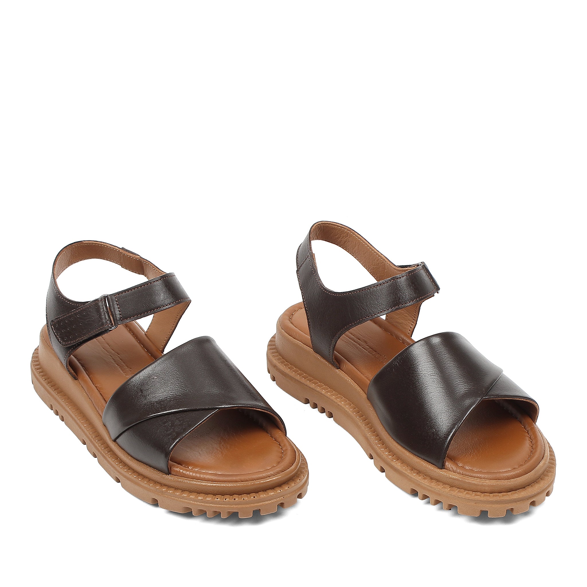 Women’s Brown Leather Velcro Strap Platform Sandals (728-28507)
