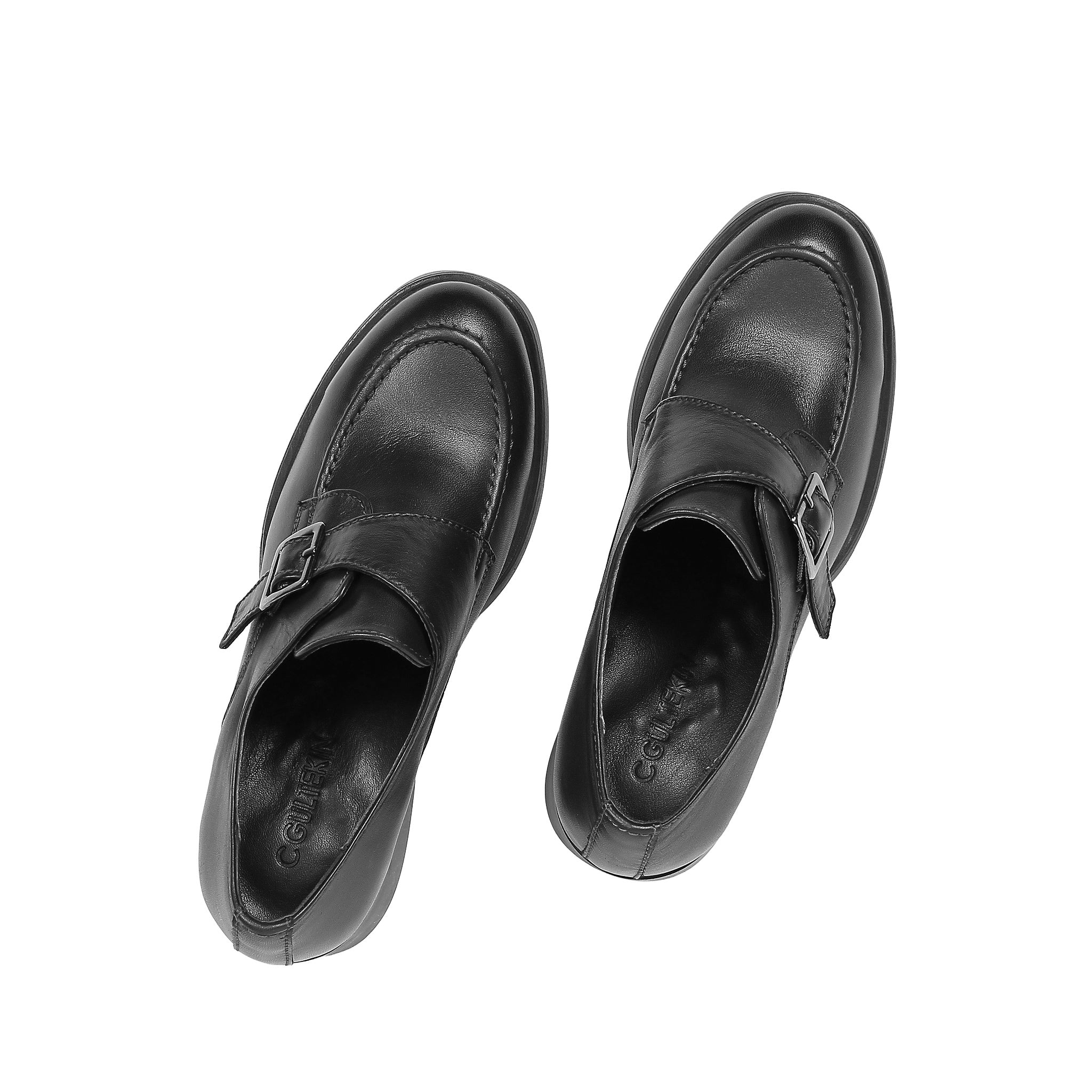 Women's Black Leather Block Heel Shoes with Side Buckle Strap (727-28666)
