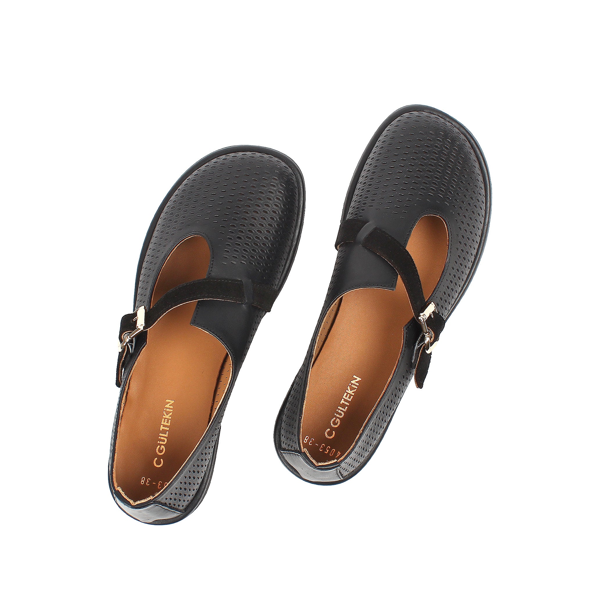 Women's Black Leather Flat Shoes with Side Buckle and Comfort Sole (726-28427)