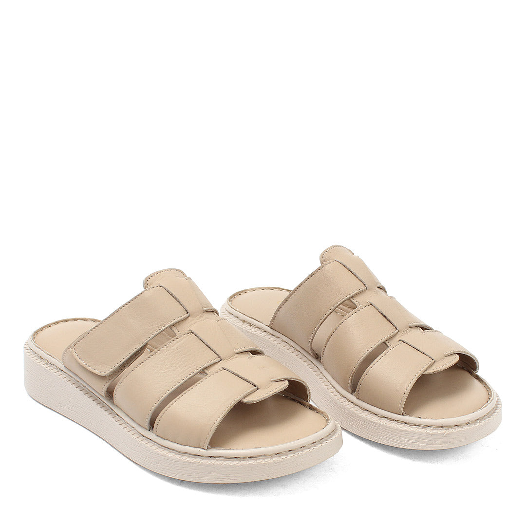 Damen Sandalen aus beigem Leder mit Klettverschluss (366-28217)