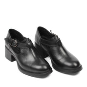 Damen Blockabsatz Schuhe Schwarz Leder mit Schnallenriemen (727-28634)