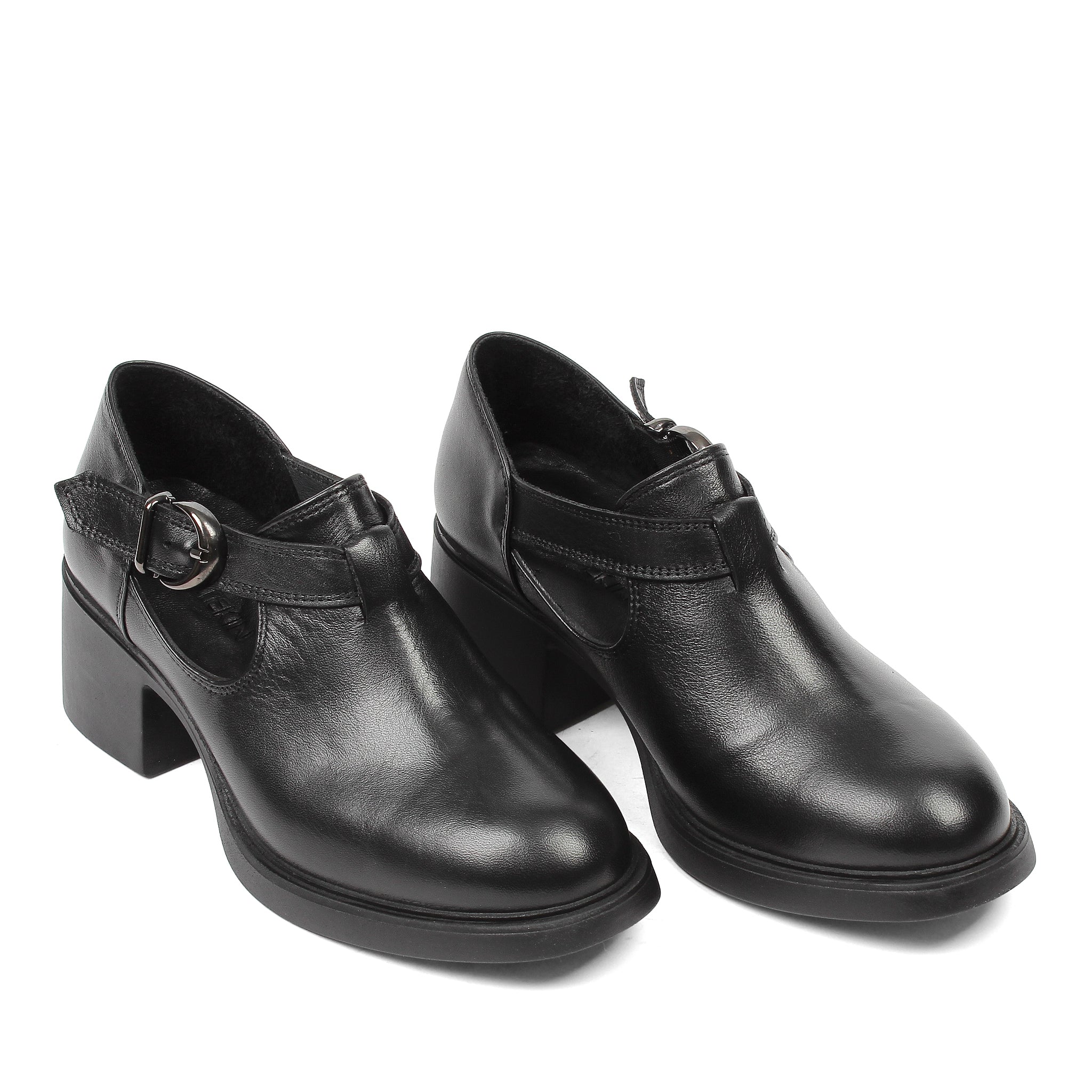 Damen Blockabsatz Schuhe Schwarz Leder mit Schnallenriemen (727-28634)