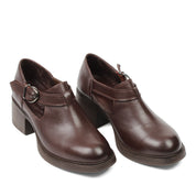Women's Brown Leather Block Heel Shoes with Side Buckle Strap (727-28634)