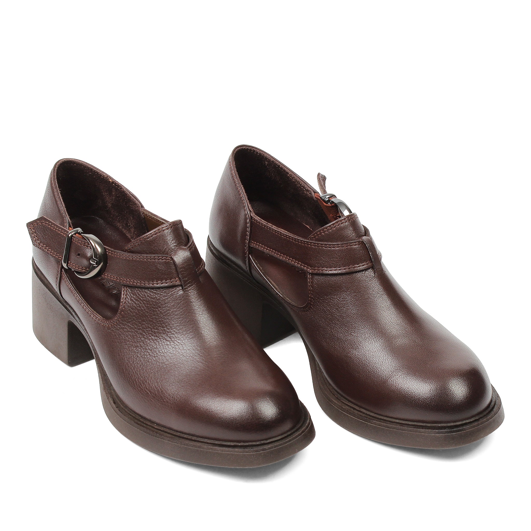 Women's Brown Leather Block Heel Shoes with Side Buckle Strap (727-28634)