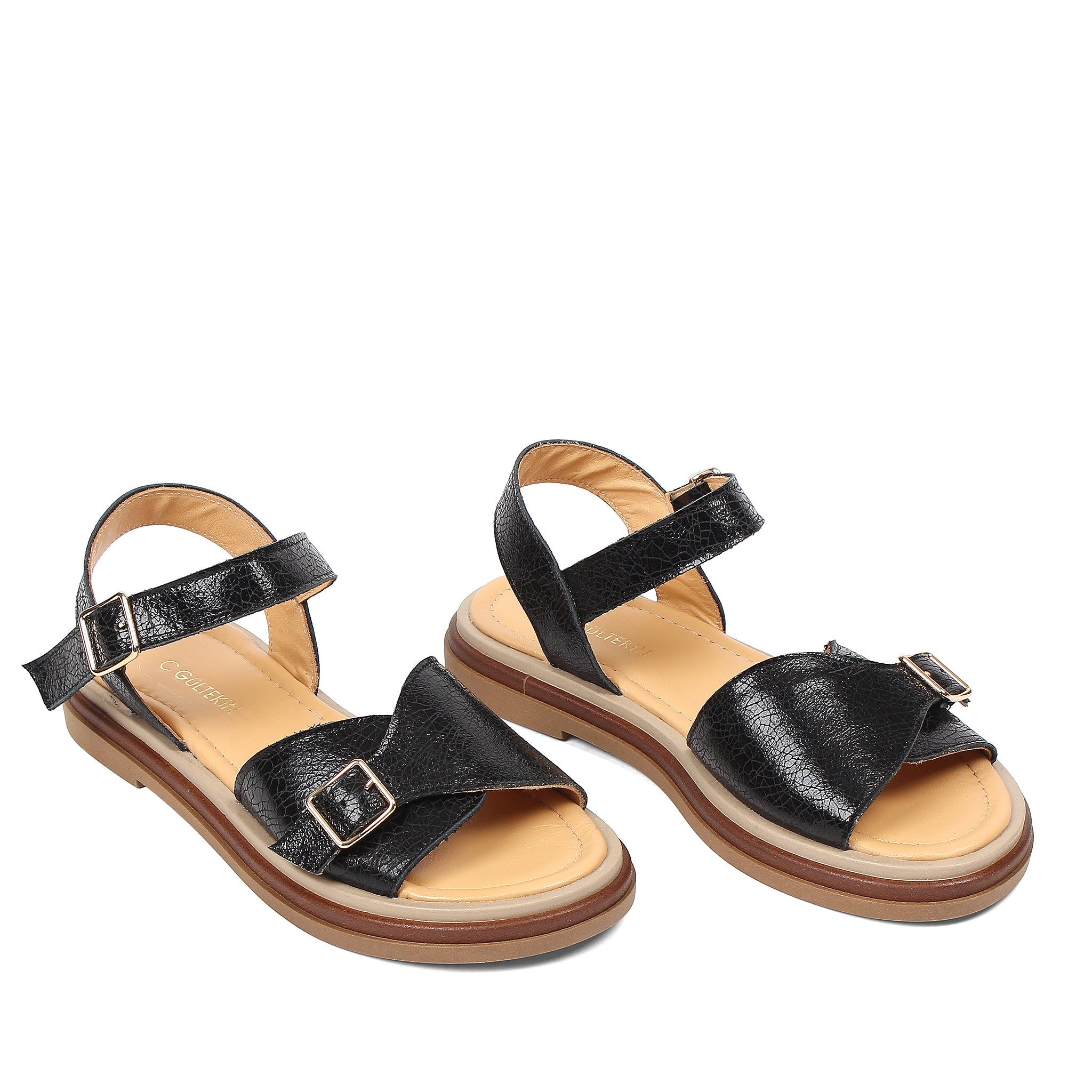 Women’s Black Leather Velcro Strap Platform Sandals (789-42104)