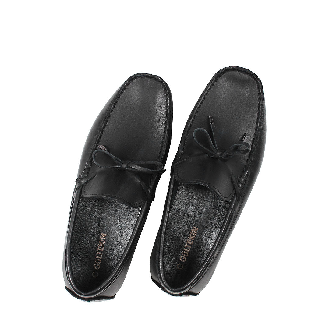 Men’s Black Leather Driving Loafers – Classic Moccasins with Bow (764-5400)