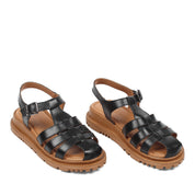 Women's Black Leather Fisherman Sandals with Adjustable Buckle (728-28505)