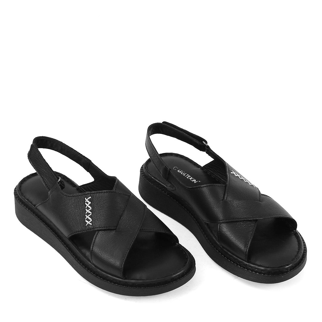 Damen Leder Sandalen Schwarz mit Kreuzriemen und Klettverschluss (366-28228)
