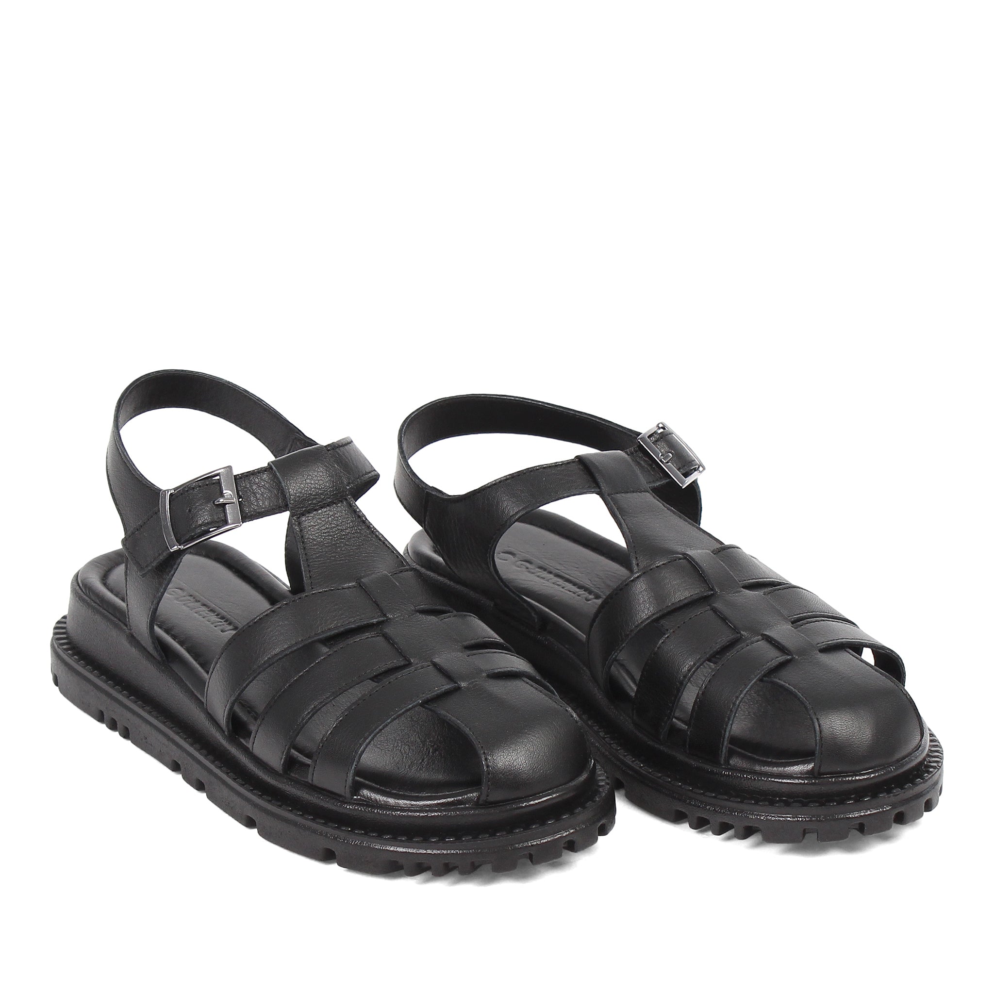 Women's Black Leather Fisherman Sandals with Adjustable Buckle (728-28505)