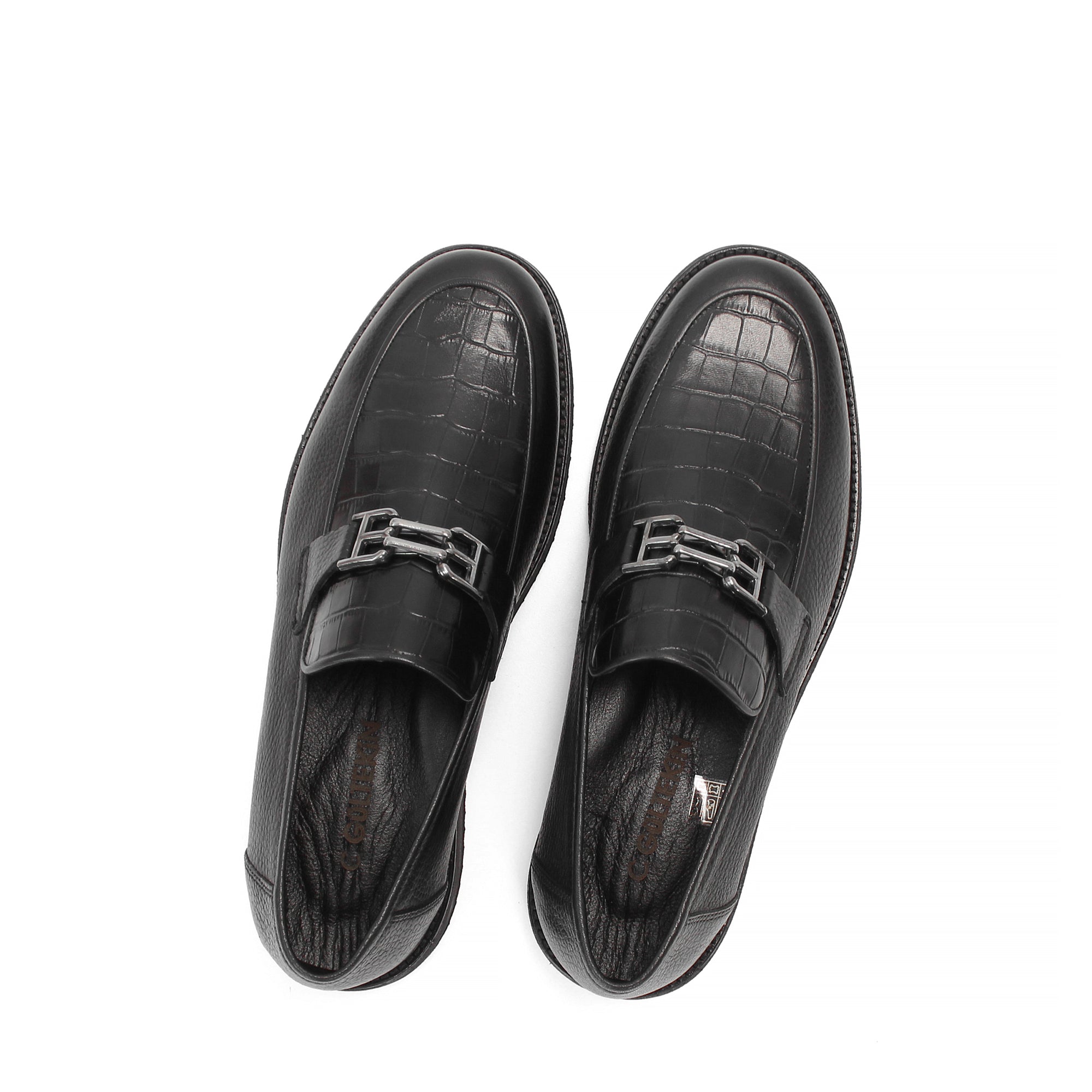 Men's Black Leather Loafers with Croco Pattern (642-1530)