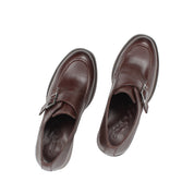 Women's Brown Leather Block Heel Shoes with Side Buckle Strap (727-28666)
