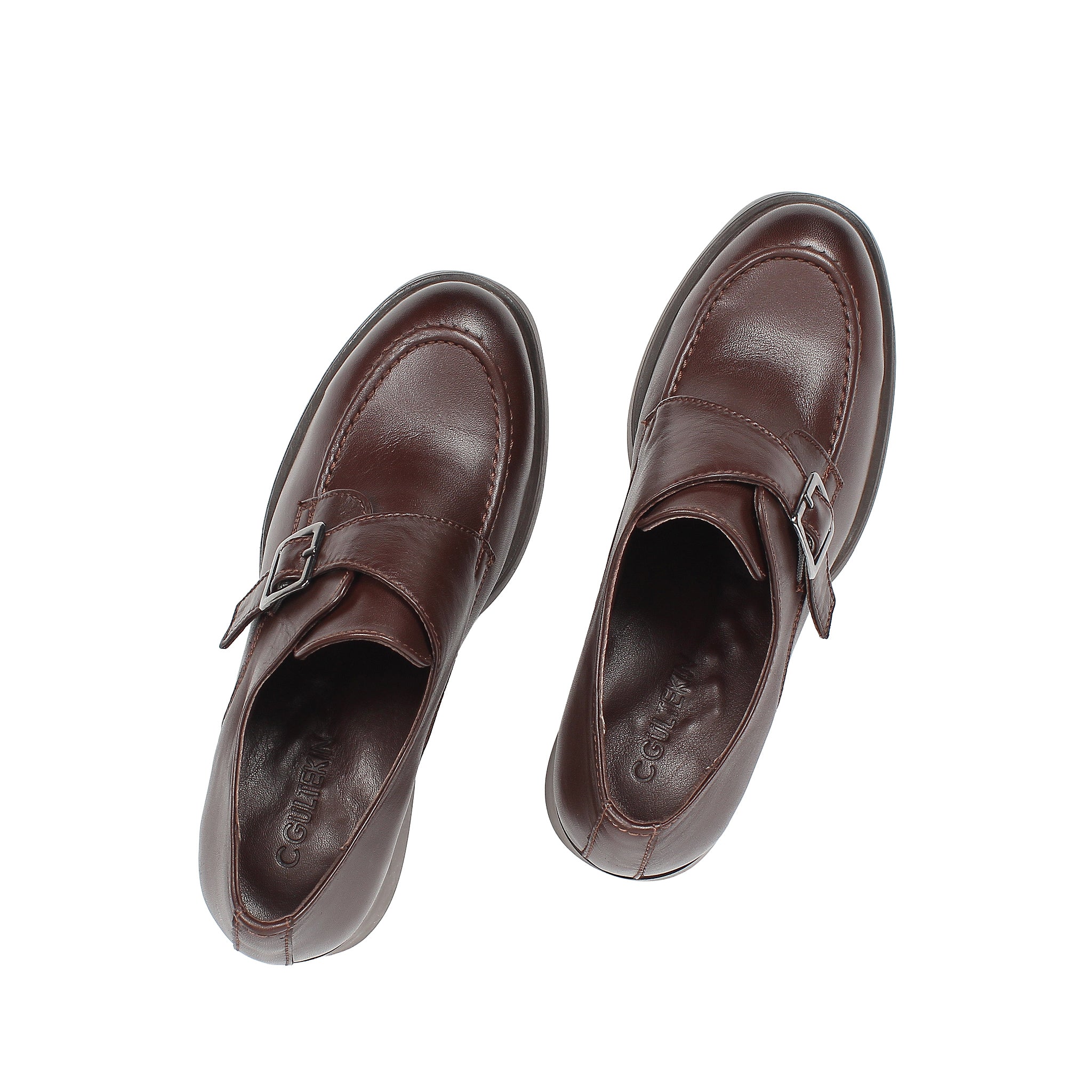 Women's Brown Leather Block Heel Shoes with Side Buckle Strap (727-28666)