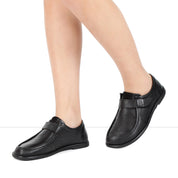 Damen Flache Schuhe Schwarz Leder mit Schnalle und Komfortsohle (726-28411)