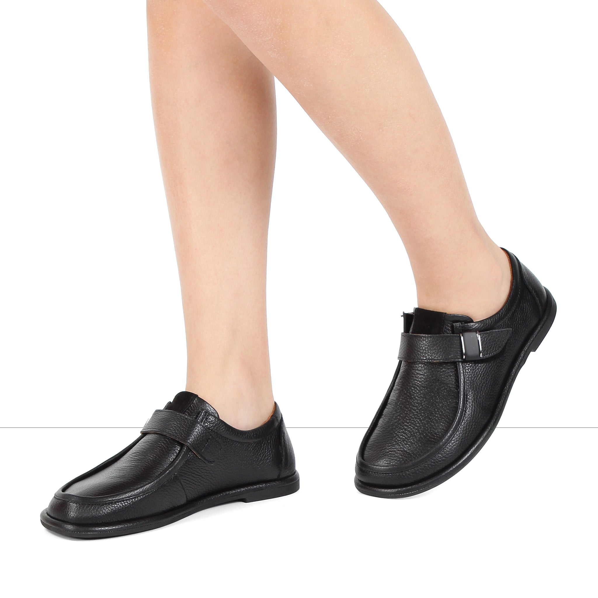 Damen Flache Schuhe Schwarz Leder mit Schnalle und Komfortsohle (726-28411)