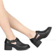 Damen Blockabsatz Schuhe Schwarz Leder mit Schnallenriemen (727-28634)