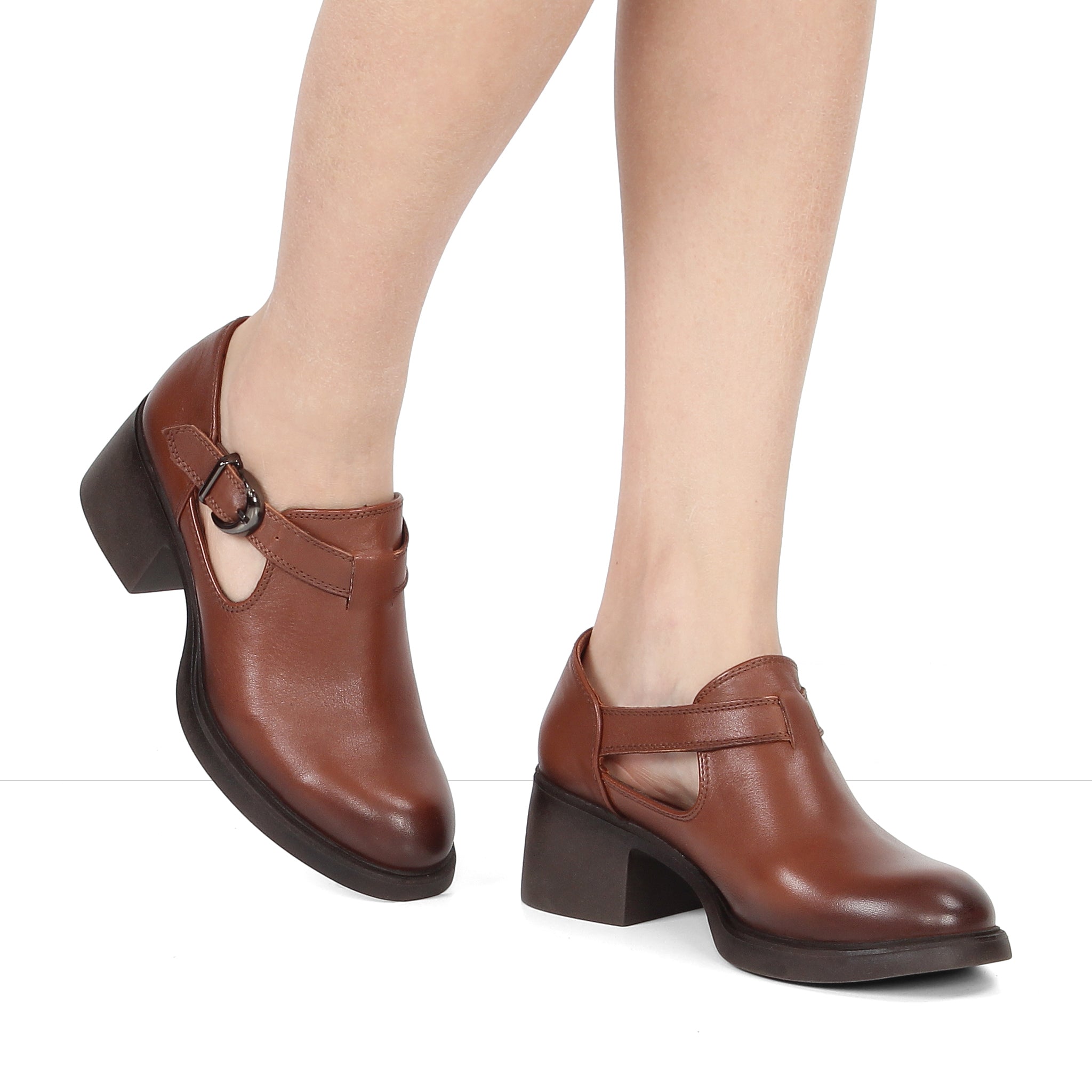 Damen Blockabsatz Schuhe Hellbraun Leder mit Schnallenriemen (727-28634)