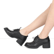 Damen Oxford Schuhe Schwarz Glattleder mit Blockabsatz und Schnürung (727-28639)
