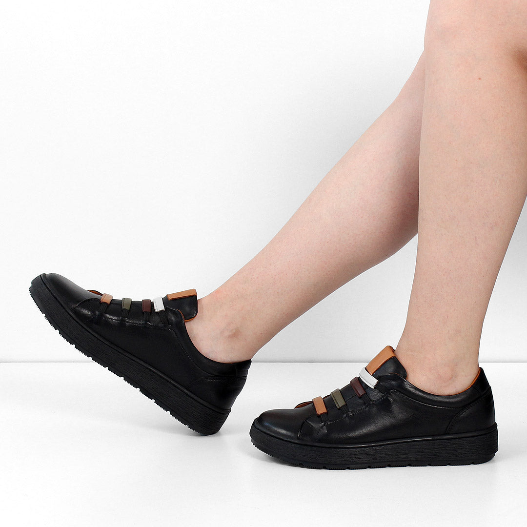 Damen Schwarze Leder Freizeit-Sneaker zum Hineinschlüpfen (748-31406)
