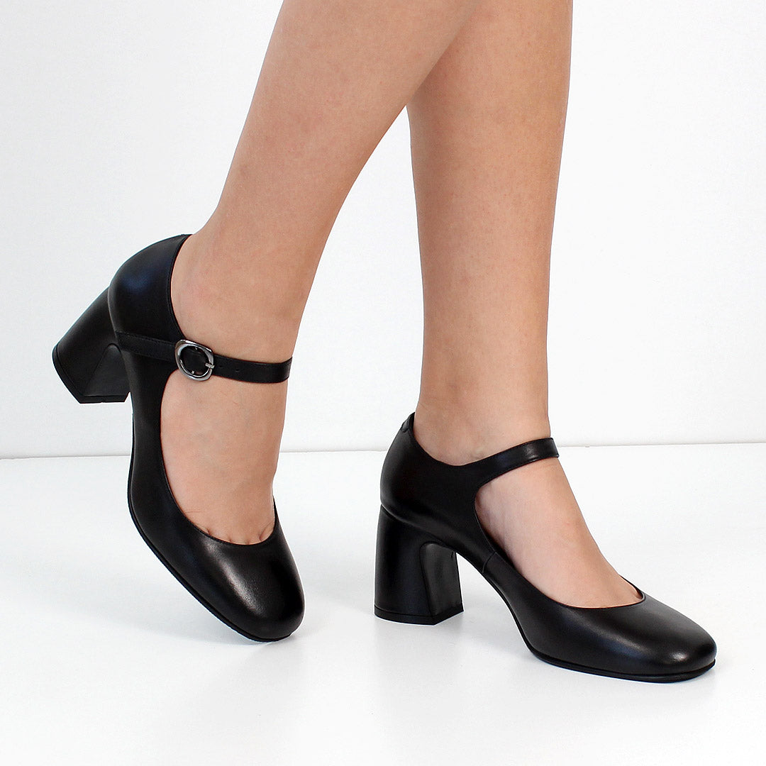 Damen Mary Jane Pumps aus schwarzem Leder mit Blockabsatz und Riemen (752-31700)