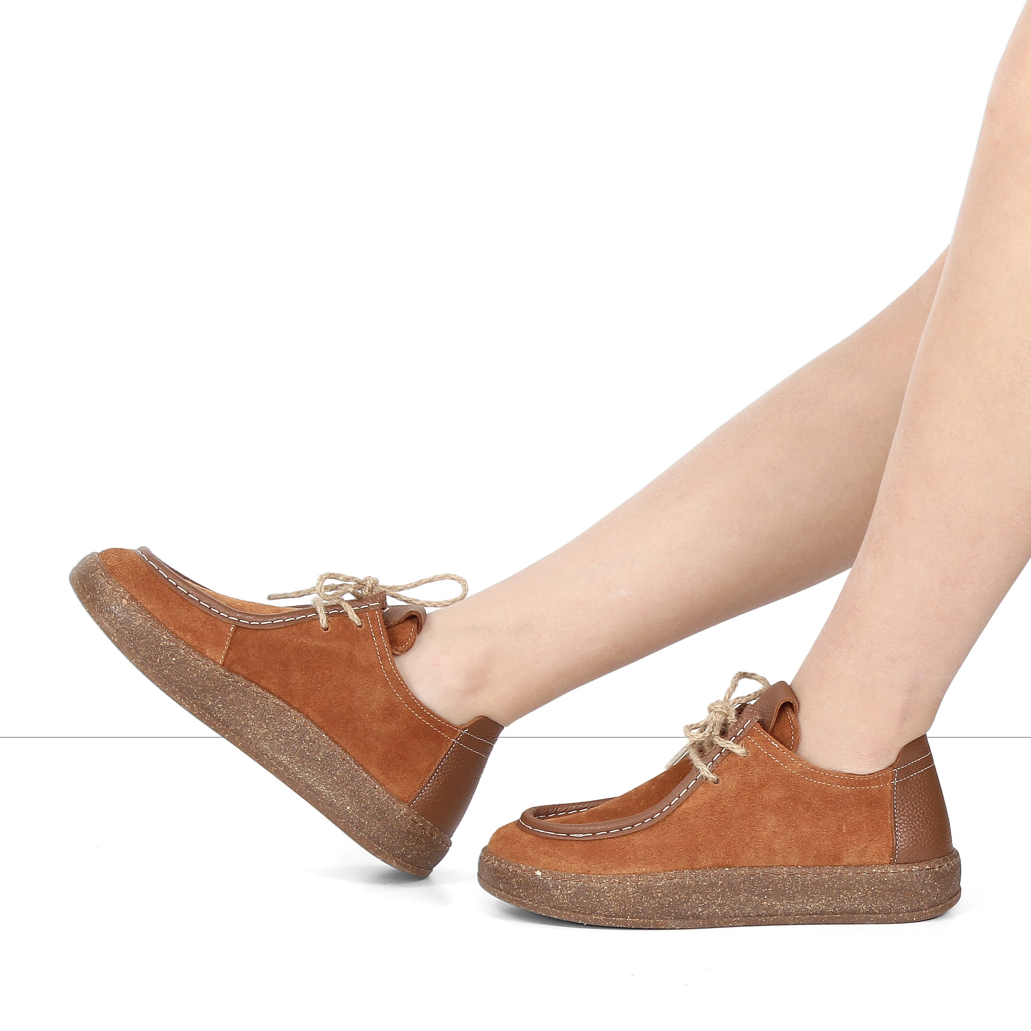 Damen Schnürschuhe Hellbraun Wildleder mit Kork-Gummisohle (759-33508)