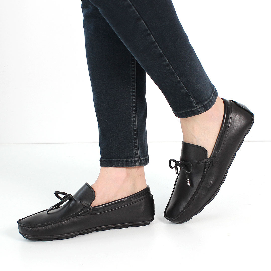 Men’s Black Leather Driving Loafers – Classic Moccasins with Bow (764-5400)