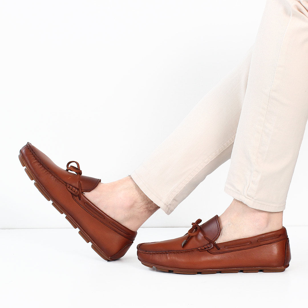 Men’s Tan Leather Driving Loafers – Classic Moccasins with Bow (764-5400)
