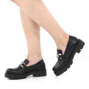 Women's Black Leather Loafers with Block Heel (383-20966)