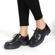 Women's Black Patent Leather Lace-Up Shoes with Block Heel (383-20956)